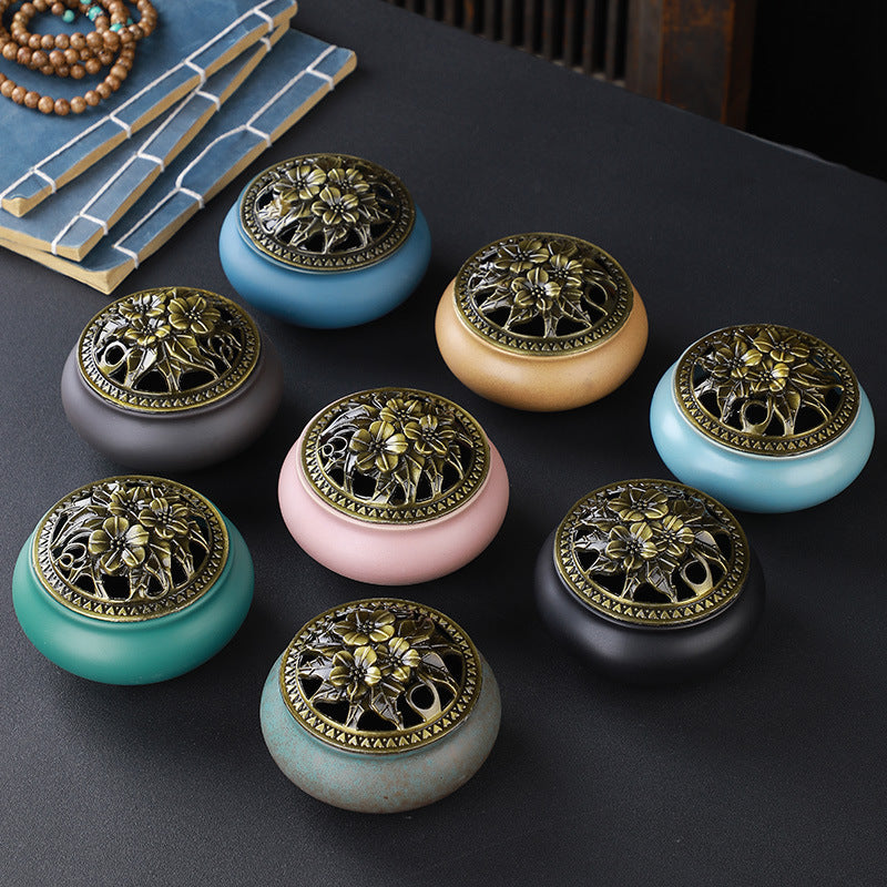 Copper Lid Ceramic Incense Burner, Antique Alloy