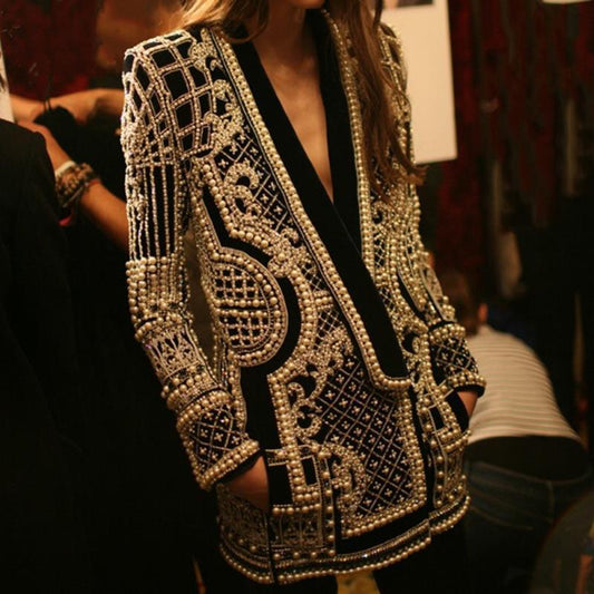 V-neck Long-sleeved Suit Blouse With Bubble Print Women's Clothing