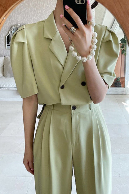 Simple Lapel Double-breasted Puff Sleeve Blazer  High-waist Pleated Casual Trousers Trousers Women