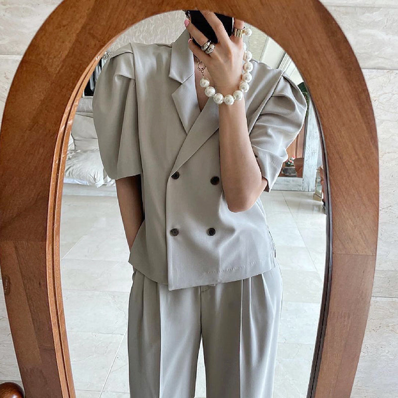 Simple Lapel Double-breasted Puff Sleeve Blazer  High-waist Pleated Casual Trousers Trousers Women