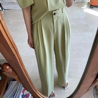 Simple Lapel Double-breasted Puff Sleeve Blazer  High-waist Pleated Casual Trousers Trousers Women