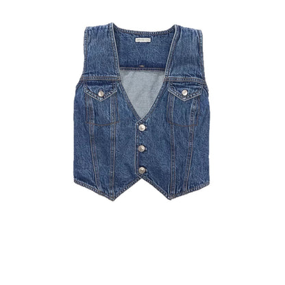 Womens Sleeveless V-Neck Top Denim Vest Petite Waistcoat