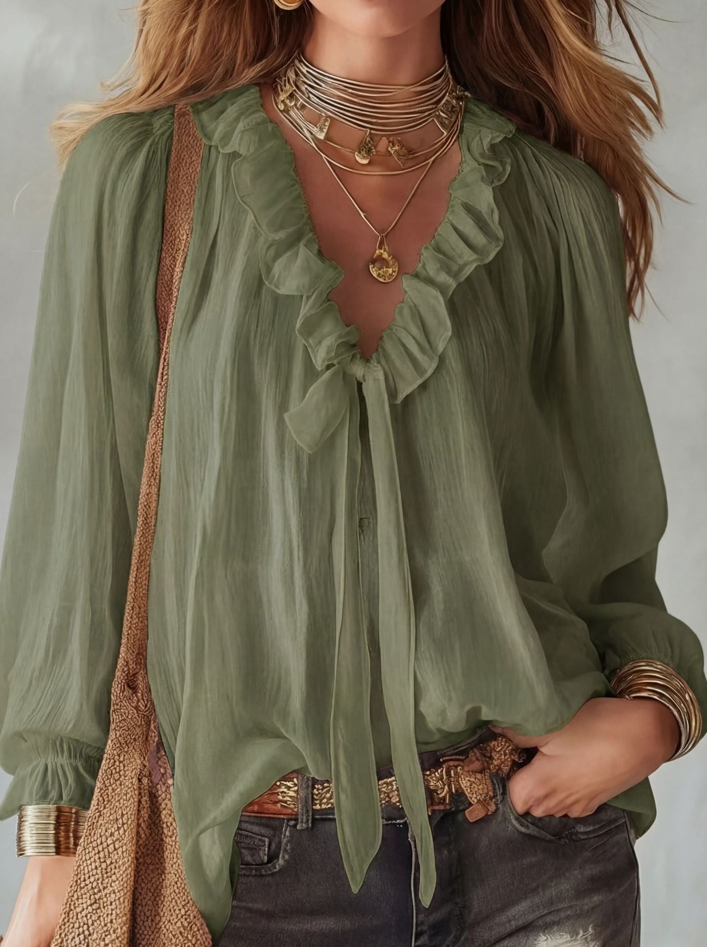 Casual Loose Fashion Ruffle Tie V-neck Shirt Top