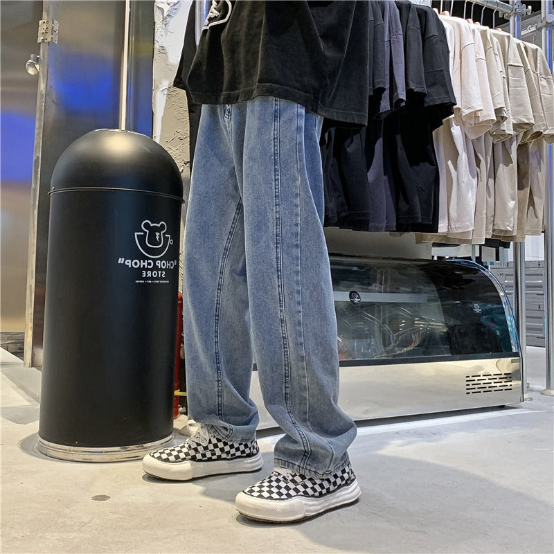Mens Loose-fit Vintage-washed Denim Jeans For Spring And Autumn