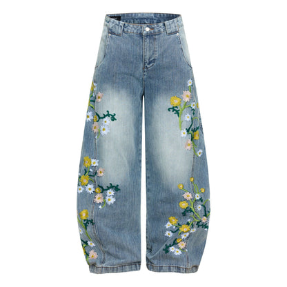Womens High-waisted Relaxed-fit Floral-embroidered Jeans