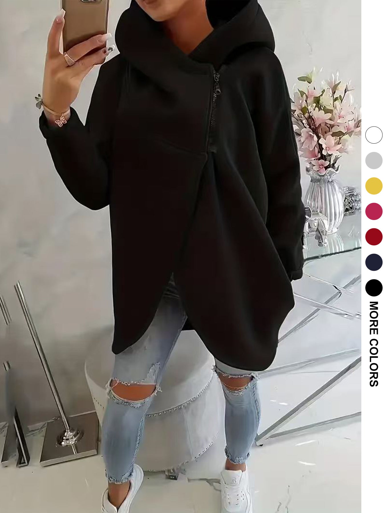 Womens Solid-color Long-sleeve Casual Hooded Sweatshirt