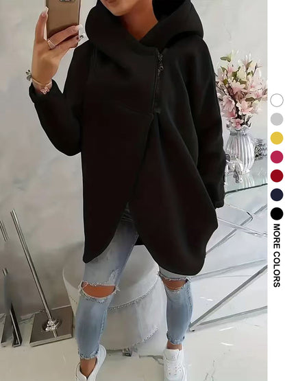 Womens Solid-color Long-sleeve Casual Hooded Sweatshirt