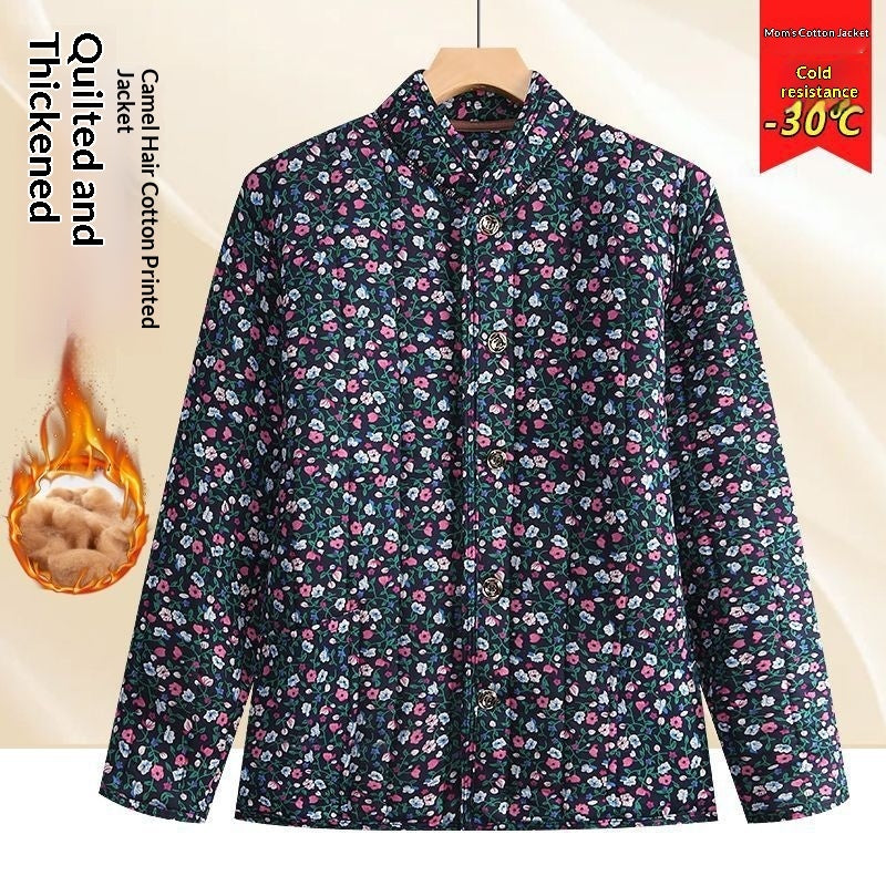 Middle Aged And Elderly Stand Collar Floral Cotton Padded Coat