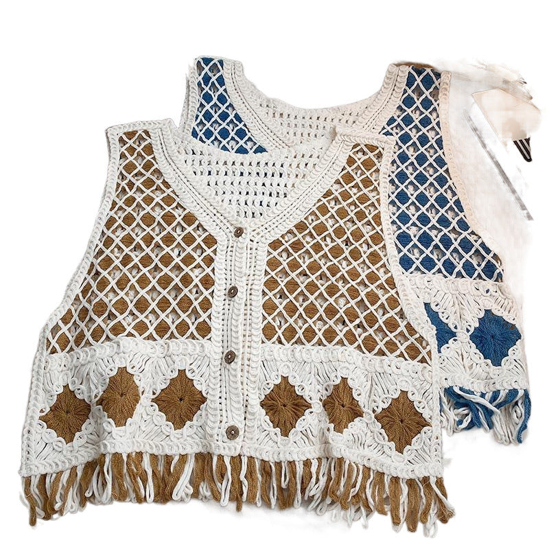 Vintage Diamond-Pattern Tassel Knitted Vest For Women