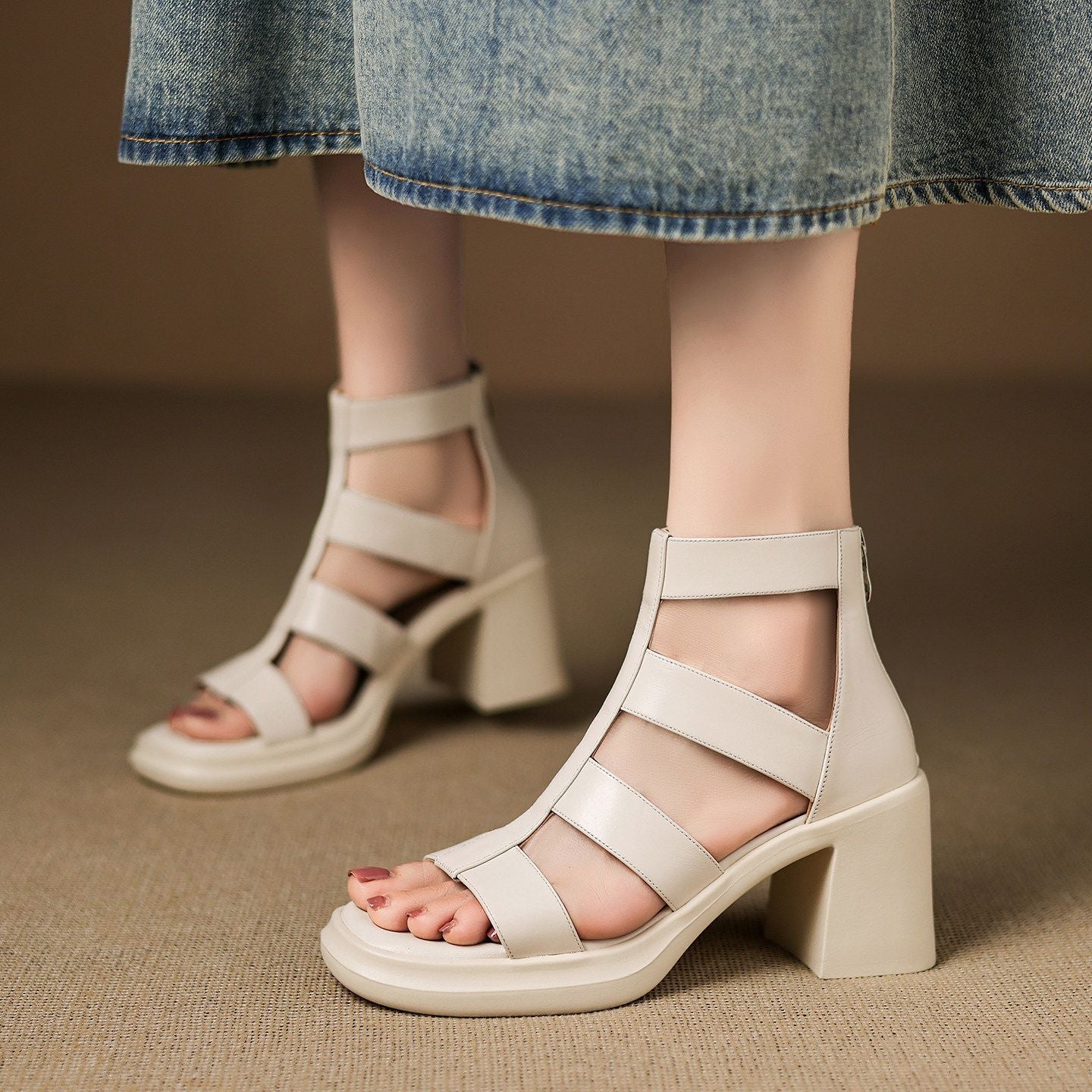 Summer Women's Soft Leather Open-toe Platform Chunky-heel Sandals