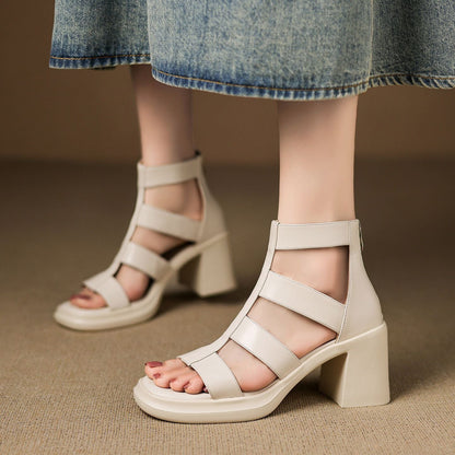 Summer Women's Soft Leather Open-toe Platform Chunky-heel Sandals