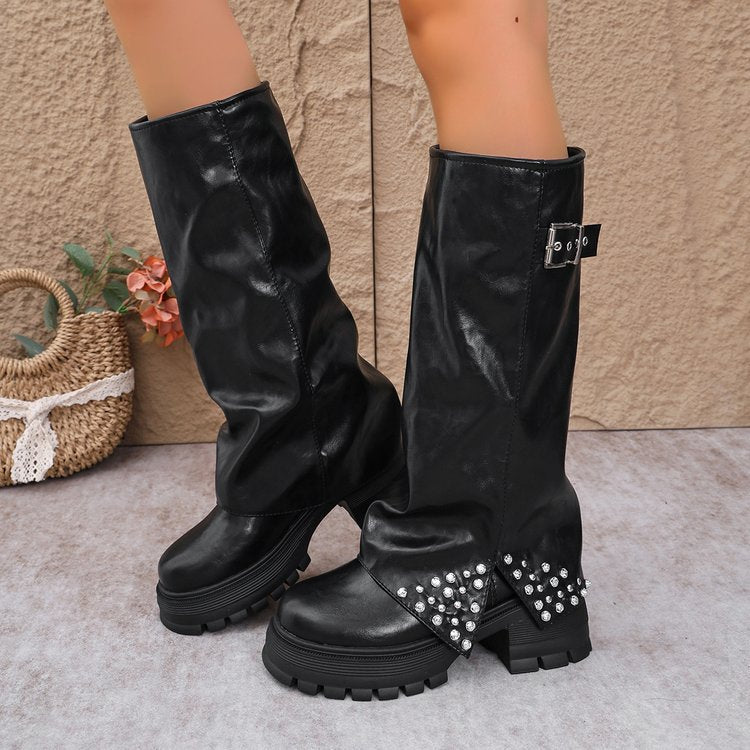 Women's Round Toe Retro Rivet Slouchy Knee-High Boots, New 2026 Autumn & Winter Black Block Heel Metal Buckle Slouch Boots