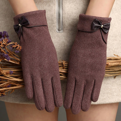 Fleece-Lined Suede Bow Touch Screen Gloves