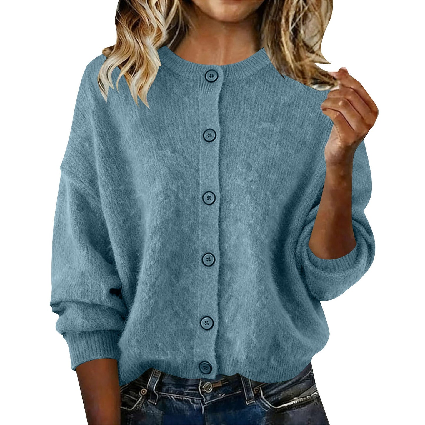 2025 European And American Cross-Border Autumn And Winter Women's Knitted Round Neck Long-Sleeved Pure Color Casual Fashion Knitted Cardigan