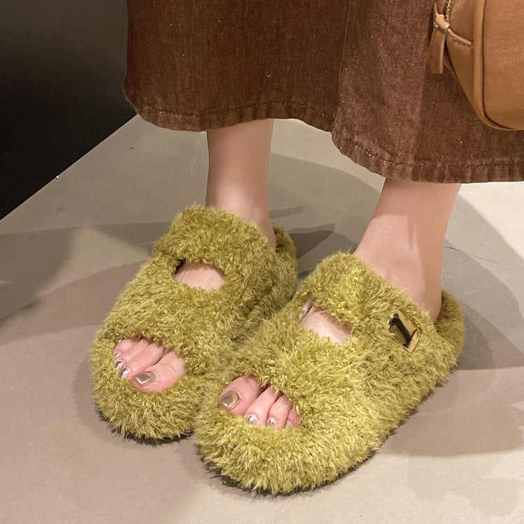 Women's Minimalist Furry Slippers For Outdoor Wear, 2026 Autumn Winter New Arrival, Korean Style Lightweight Platform Women's Shoes, Stylish Single-Strap Cotton Slippers