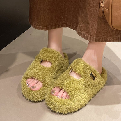 Women's Minimalist Furry Slippers For Outdoor Wear, 2026 Autumn Winter New Arrival, Korean Style Lightweight Platform Women's Shoes, Stylish Single-Strap Cotton Slippers
