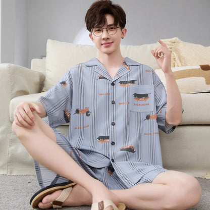 Mens Summer Cardigan Ice-silk Short-sleeve Top And Shorts