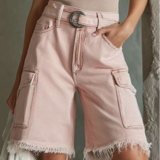Washed Distressed Denim With Raw Edges And Multiple Pockets Womens Cropped Jeans