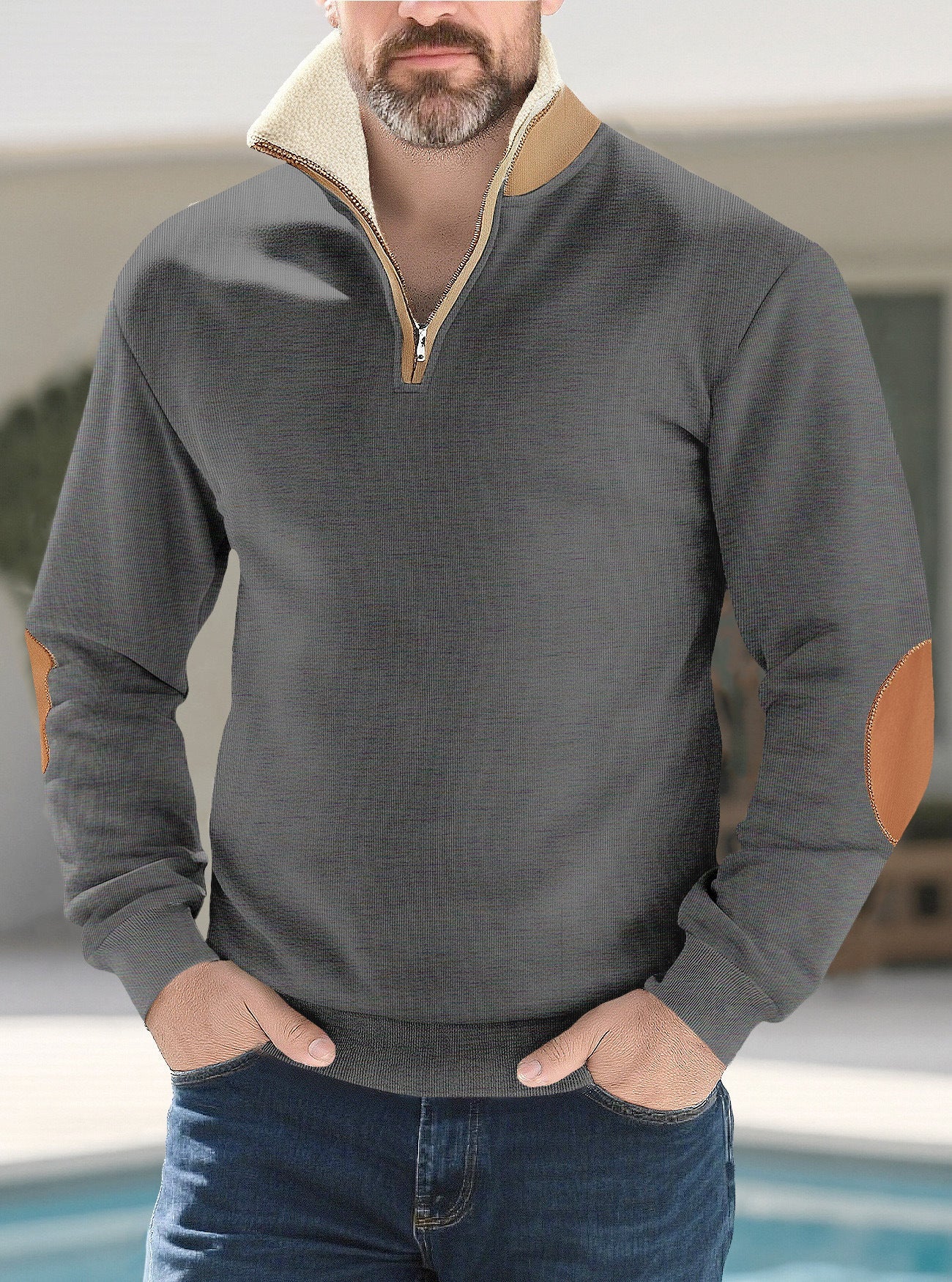 Retro Patchwork Embroidered Versatile Half-placket Mens Long-sleeve