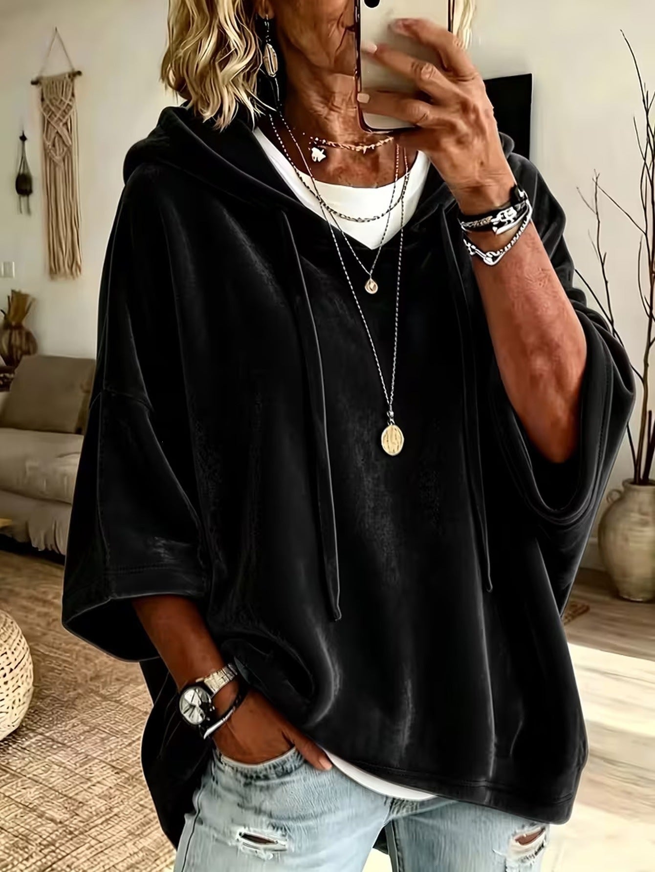 Women Velvet Batwing Short Sleeve Hoodie, Drawstring Loose Casual Solid Color Pullover Tops