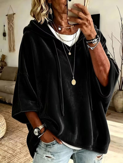 Women Velvet Batwing Short Sleeve Hoodie, Drawstring Loose Casual Solid Color Pullover Tops