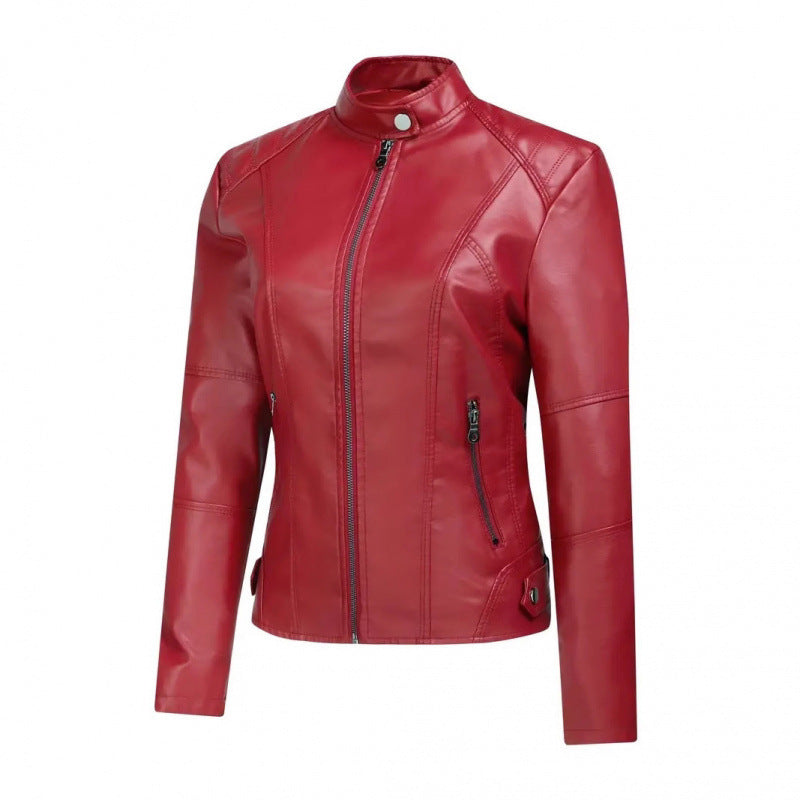 Womens Fashionable Short Washed-leather Zip-up Jacket