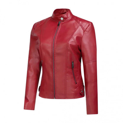 Womens Fashionable Short Washed-leather Zip-up Jacket