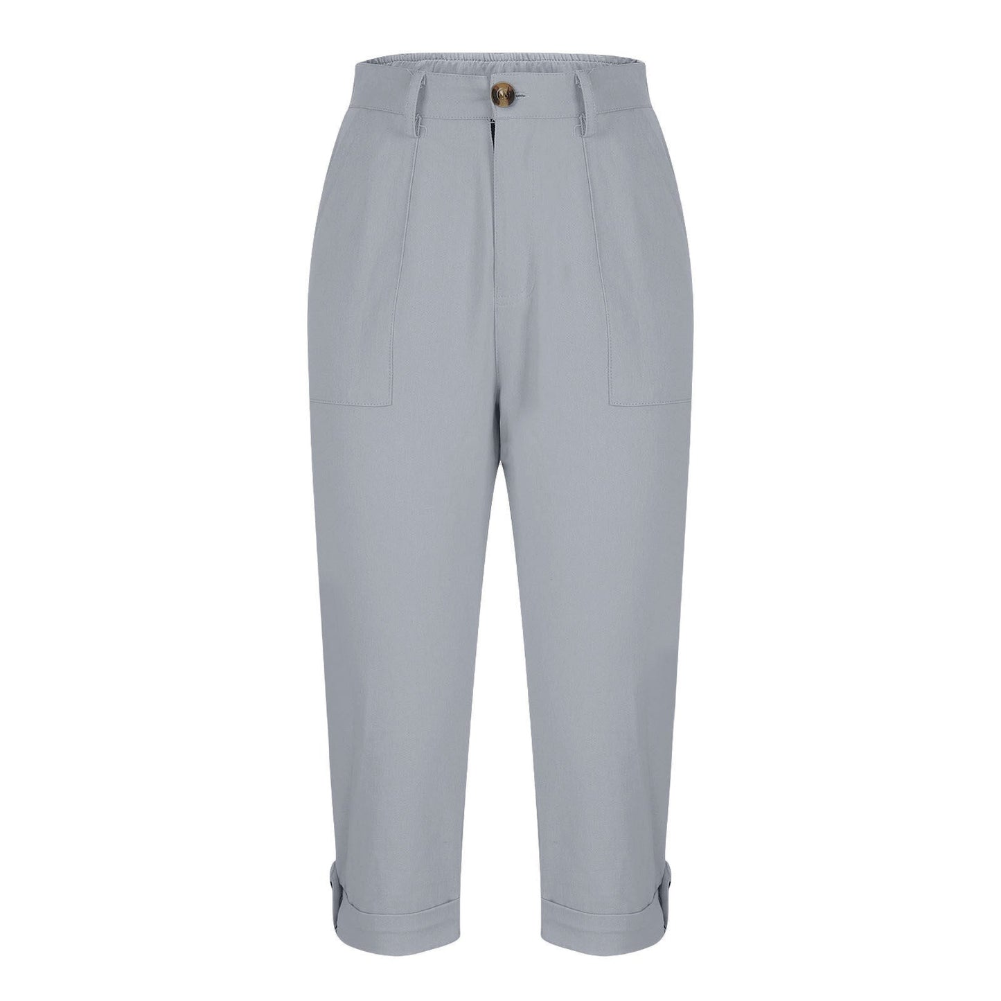 Womens Solid-color Buttoned Roll-up Capri Pants