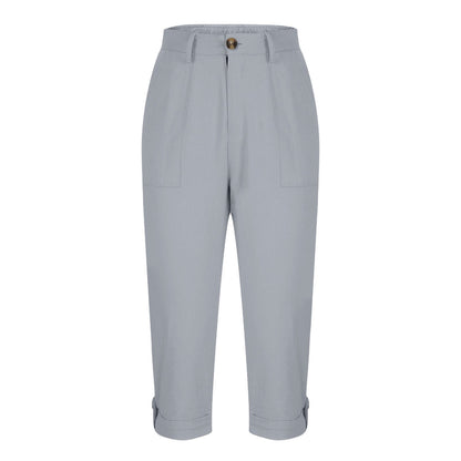 Womens Solid-color Buttoned Roll-up Capri Pants