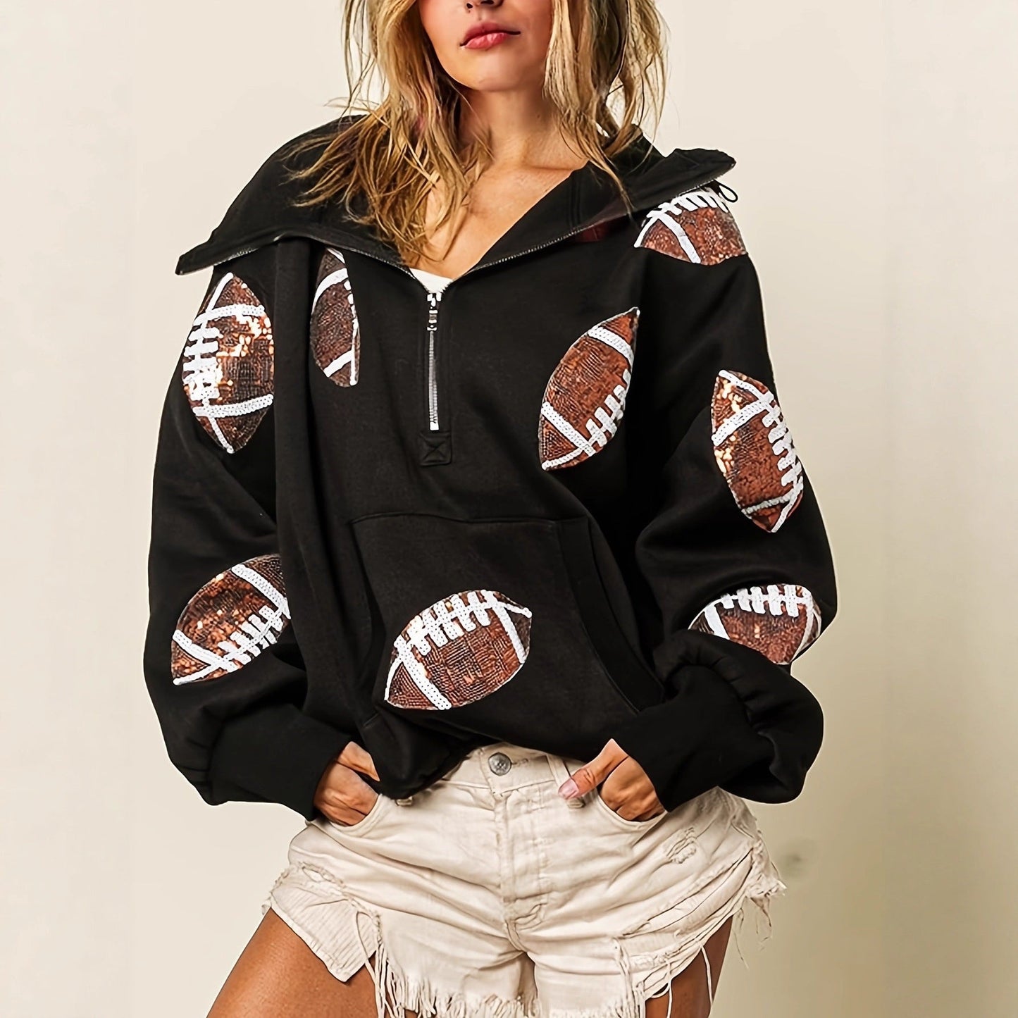 Football Digital Print Hoodie With Long Sleeves And A Zipper