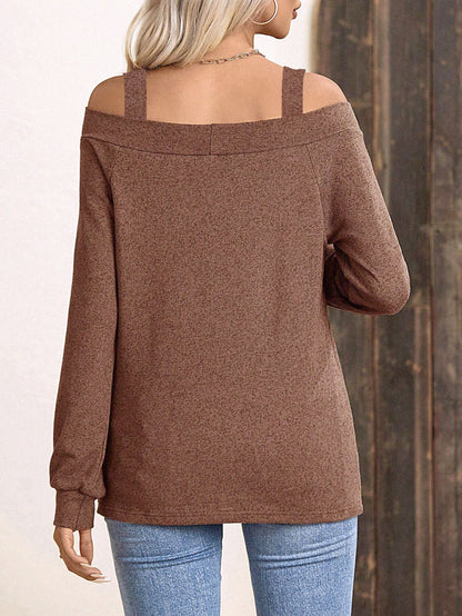 Women's Clothing Amazon Spring And Summer Long-sleeved T-shirt Fashion One-word Collar Shoulder Solid Color Top T-shirt
