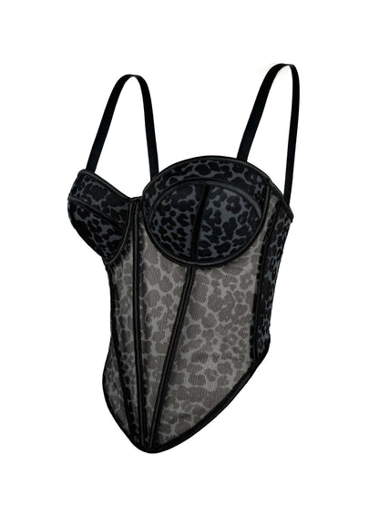 Sexy Leopard Dot Pattern Stitching Bra Sling High-end Sense Inner Mesh Lace Perspective Outer Wear Fishbone Bra