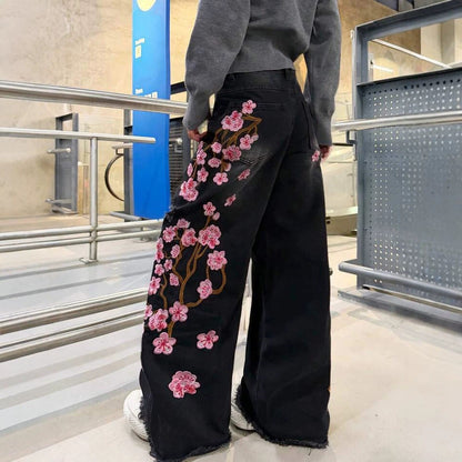 Womens Retro Floral Embroidery Jeans