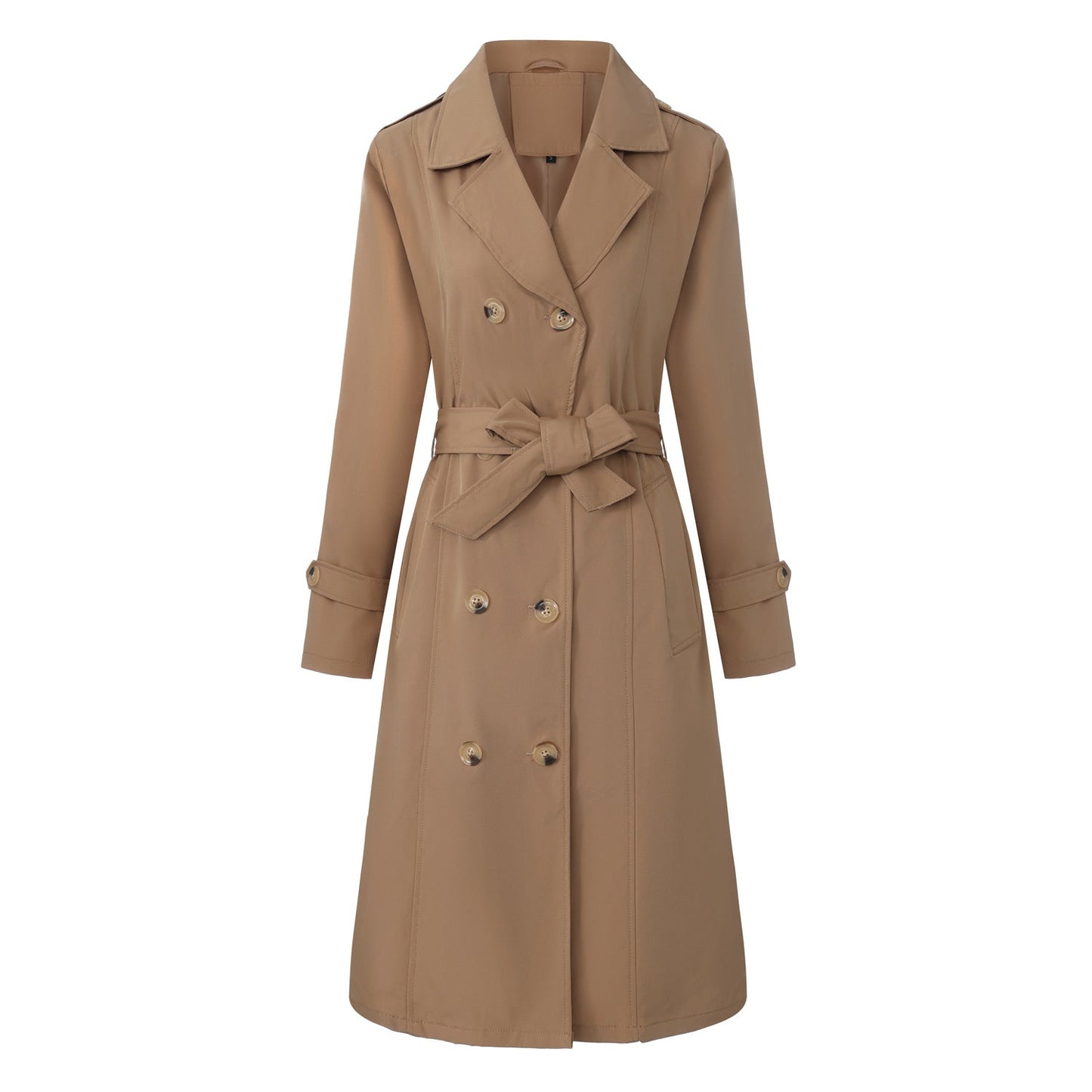 Casual Waist-cinching Long-length Elegant Womens Double-breasted Coat