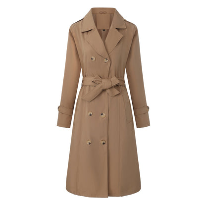 Casual Waist-cinching Long-length Elegant Womens Double-breasted Coat