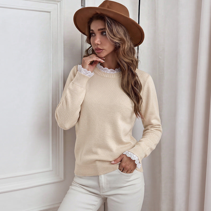 Fake Two-piece Lace-panel Crew-neck Sweater