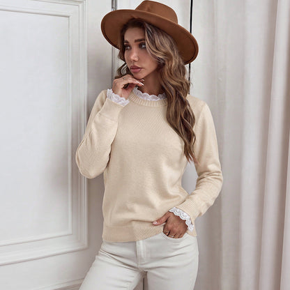 Fake Two-piece Lace-panel Crew-neck Sweater