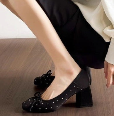 Women New 2026 Soft Leather Slip-on Pumps, Medium Block Heel With Bow & Rivet Decor, Shallow Mouth Dress Shoes For Spring