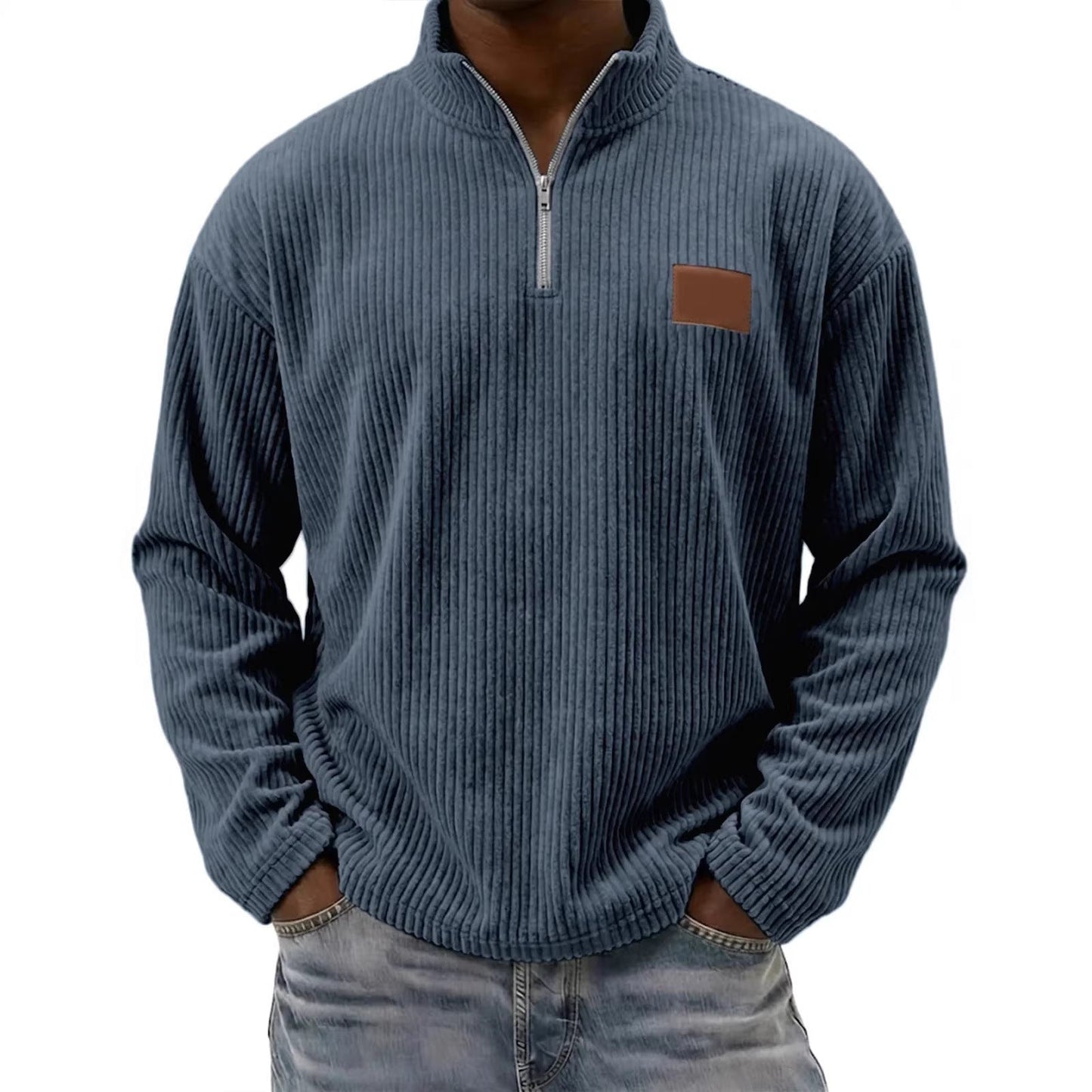 Mens Retro Corduroy Fashion Embroidered Pullover With A Stand-up Collar
