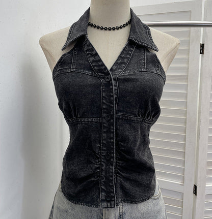 Neck-hanging V-neck Denim Vest Sleeveless Top For Women