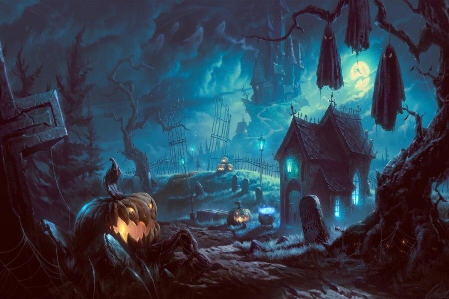 Halloween-themed scene with a pumpkin, graveyard, and ghostly figures under a moonlit sky.