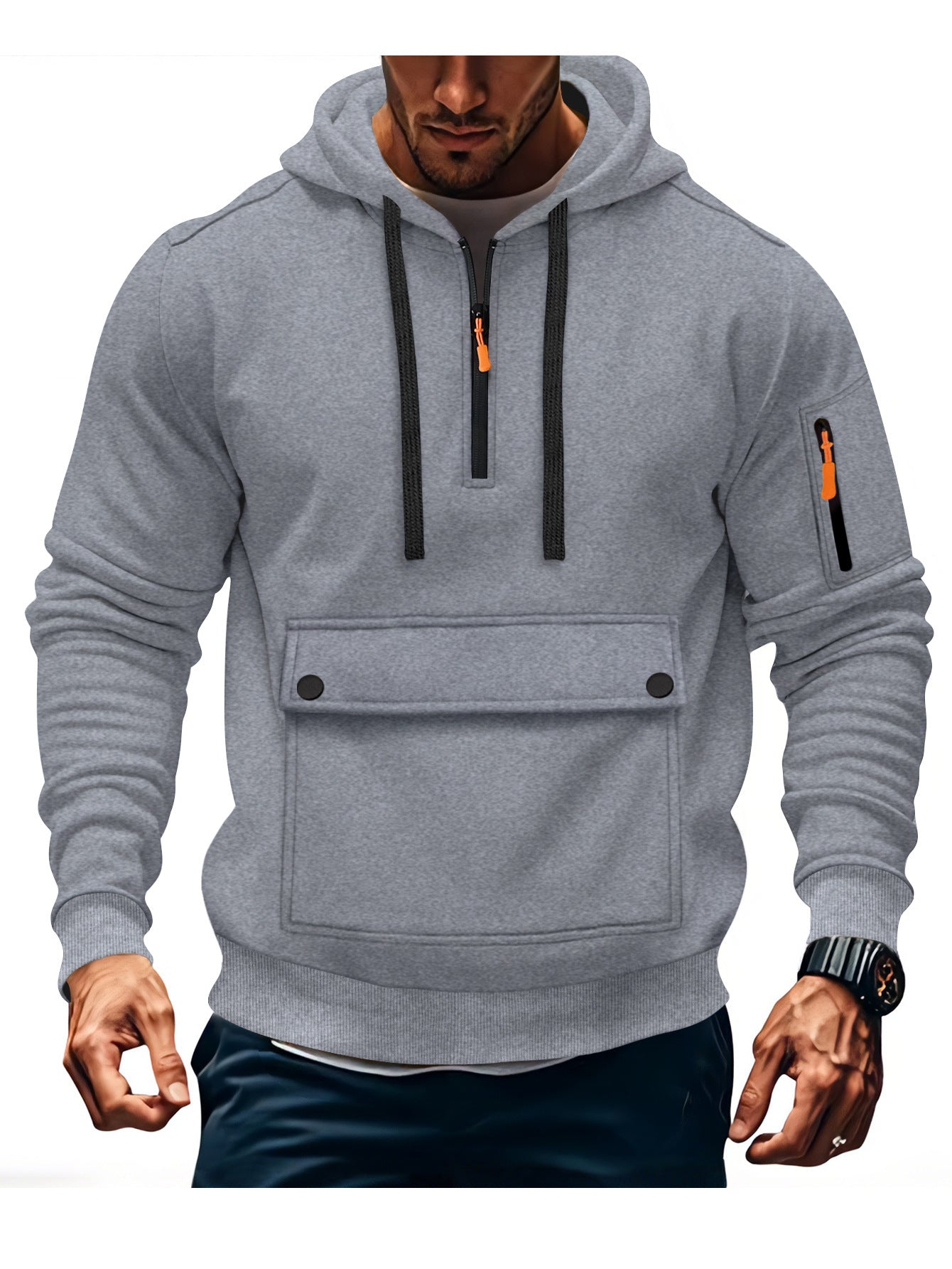 Mens Hooded Sweatshirt Jacket With Zippered Sleeves And Large Pockets