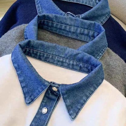Fake Two-piece Denim Patchwork Polo-neck Contrast-color Sweater