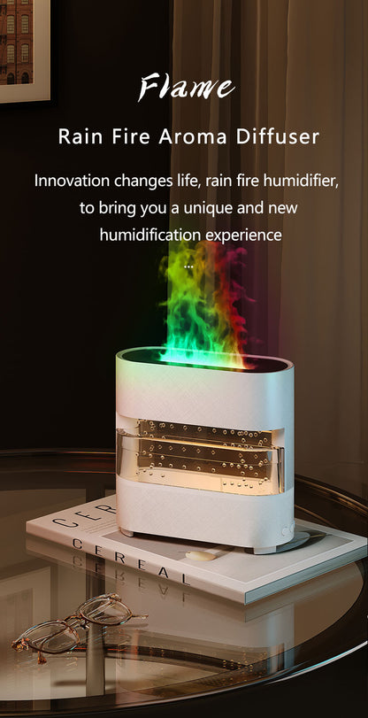 Rain fire aroma diffuser with colorful flames on a dark surface