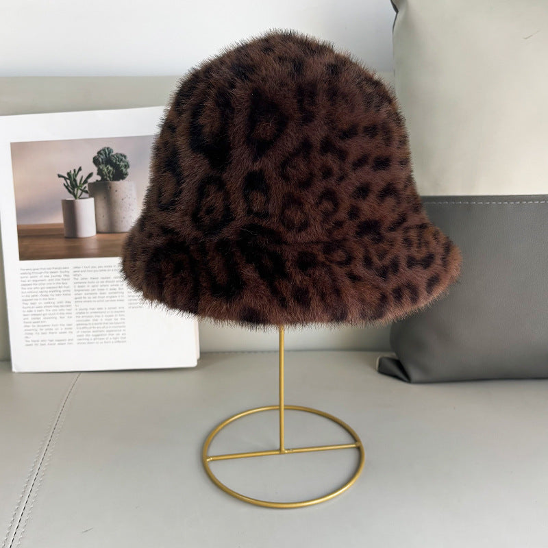 Winter And Autumn Melamine Color Leopard Print Plush Round-brimmed Fishing Hat, Soft And Fluffy Wide Brimmed, Warm And Protective Against The Cold