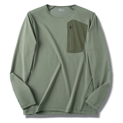 Men's Crew Neck Long Sleeve T-Shirt, Cotton Feel Moisture Wicking Quick Dry Athletic Shirts, Outdoor Hiking Tops With Seam Sealed Zipper Chest Pocket For Fall