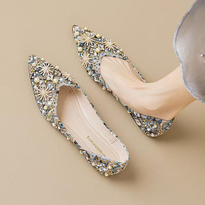 Shallow-toe Pointed Flat Womens Shoes With Rhinestone And Metallic Print