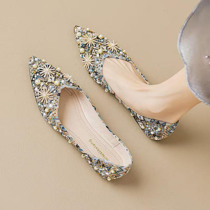 Shallow-toe Pointed Flat Womens Shoes With Rhinestone And Metallic Print