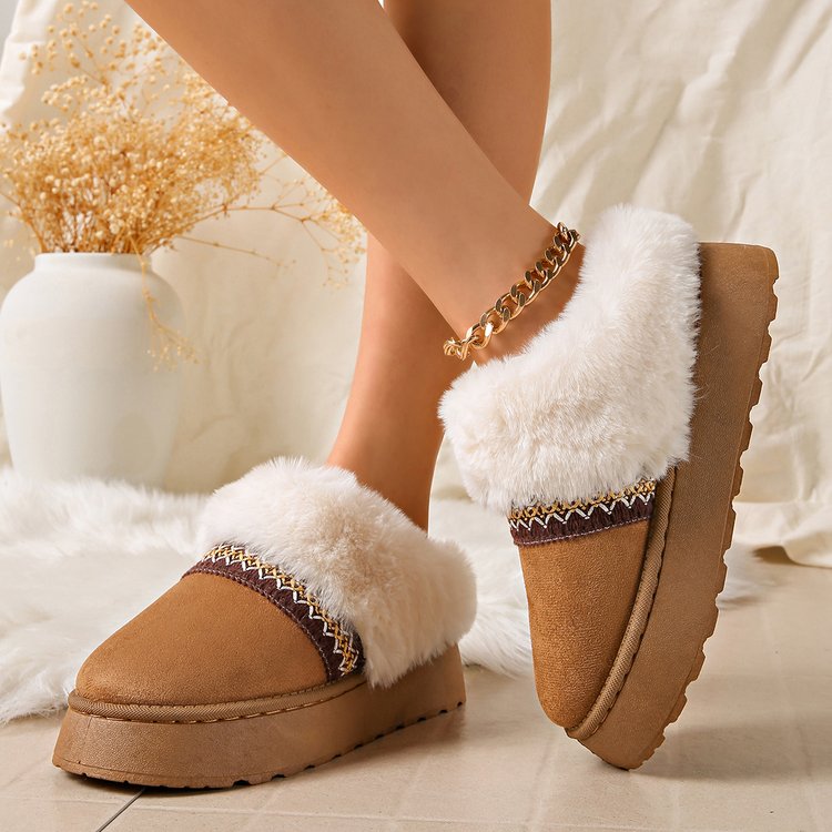 Women's Cross-Border Platform Snow Boots, Furry Trim Closed-Toe Thickened Cotton Slippers, Fleece Warm Indoor Home & Outdoor Wearable Cotton Shoes
