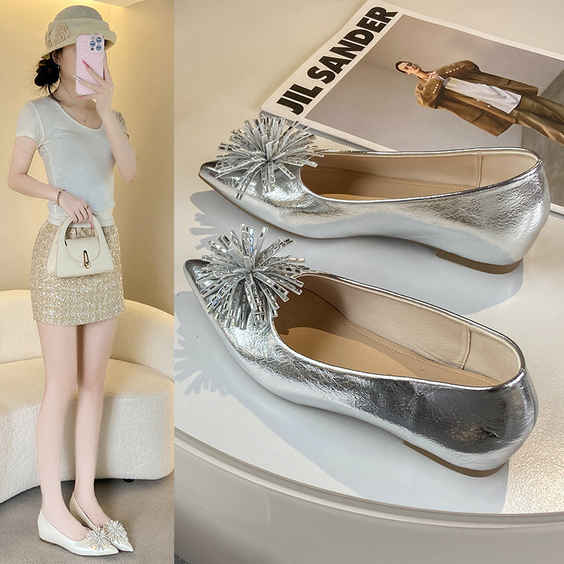 Women's 6cm Invisible Height Increase Mary Jane Flats, French Elegant Pointed Toe Low Cut Slip On Shoes, Rhinestone Floral Decor Dress Shoes For Matching Dresses